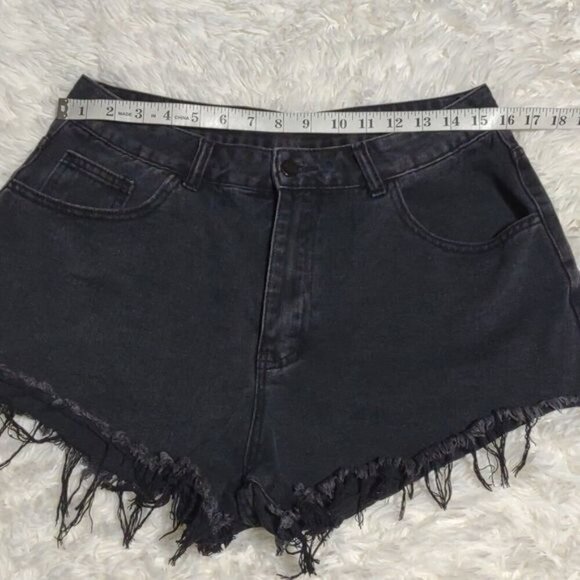 Flame Pocket Detail Black Denim High Rise Black Raw Hem Jean Shorts - Picture 7 of 12